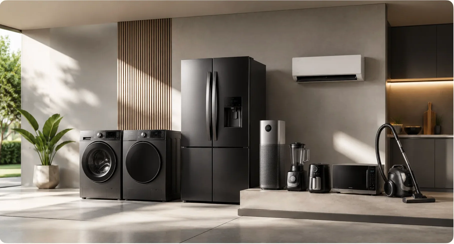 A line-up of Dalbani home appliances against a concrete and oak wall: a front-load washer and dryer, a black four-door refrigerator, a wall-mounted air conditioner, an air purifier, a blender, an air fryer, a microwave oven and a cylinder vacuum cleaner.