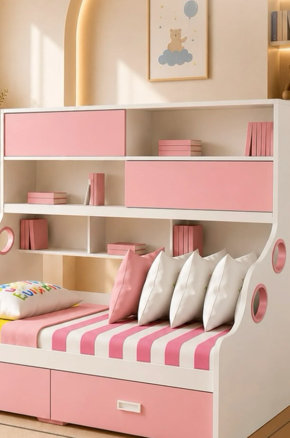 A pink and white children's bed with integrated shelving, drawers and a lower single bed.