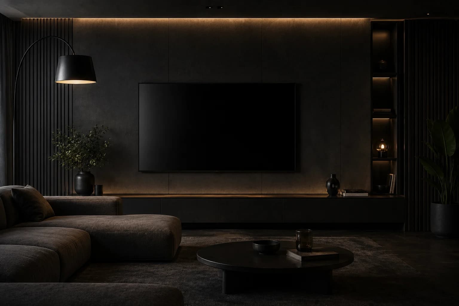 A darkened living room lit by concealed cove lighting, with a low sectional sofa, an arc floor lamp and a wall-mounted television on a fluted timber panel wall.