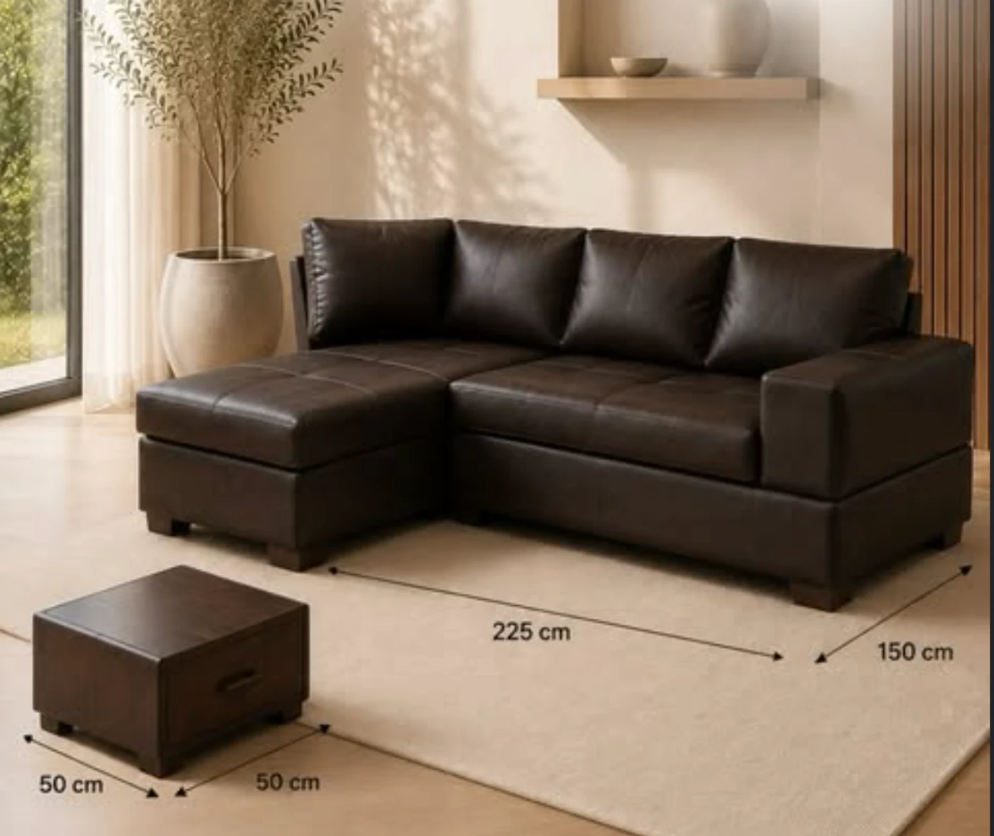 A dark brown leather sectional sofa with a reversible chaise and matching storage ottoman.