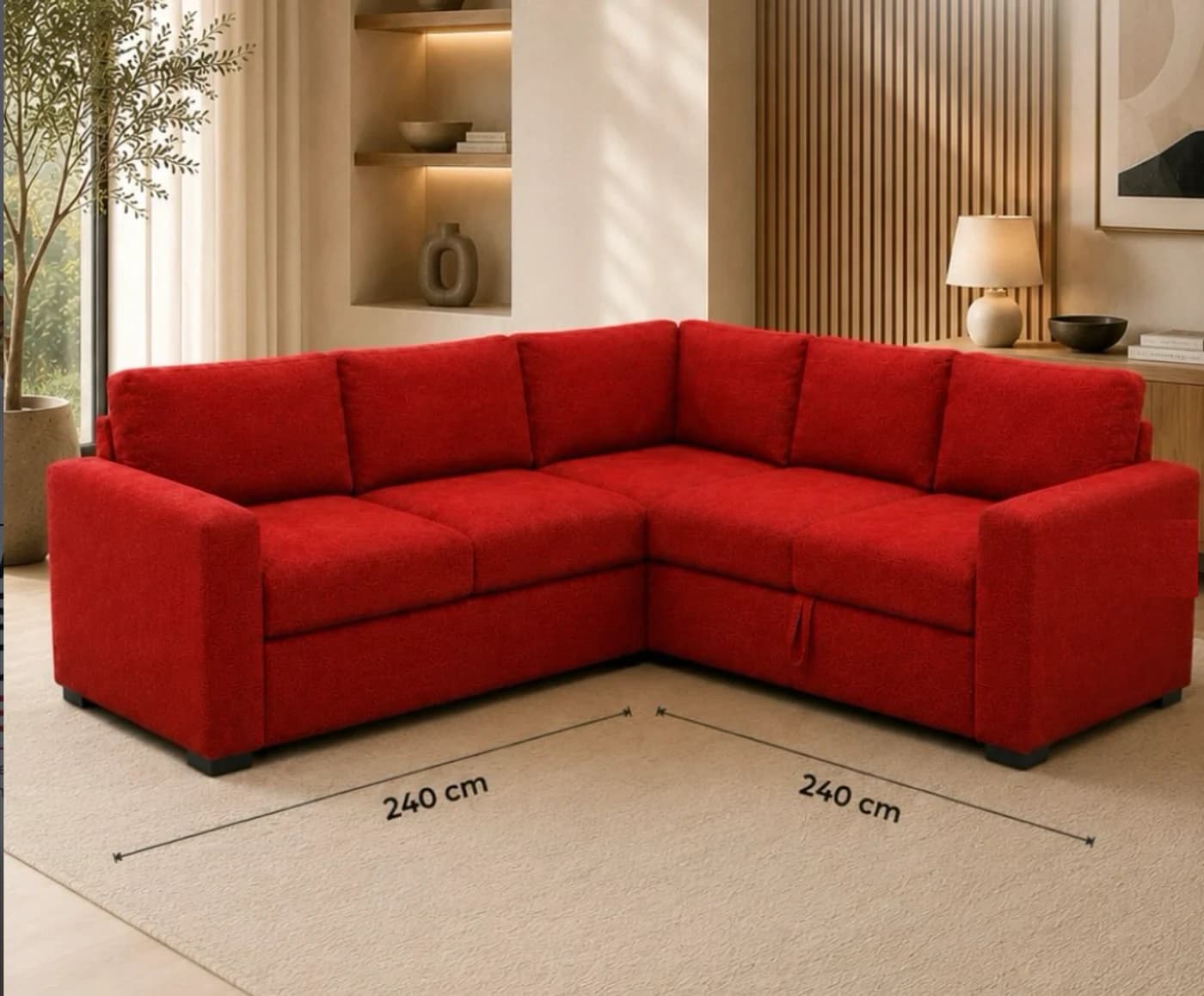 A red fabric corner sofa bed with a chaise and scatter cushions in a sunlit living room.